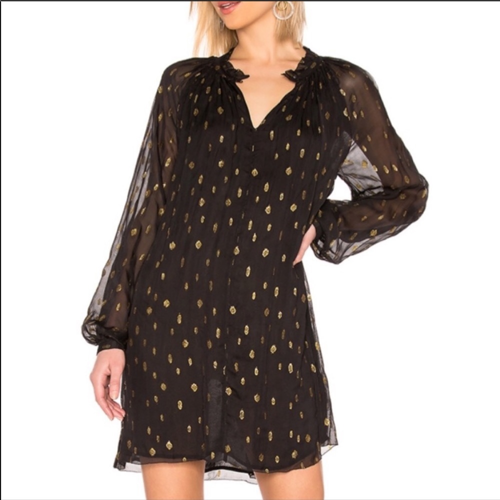 FRAME Smocked Black Gold print dress